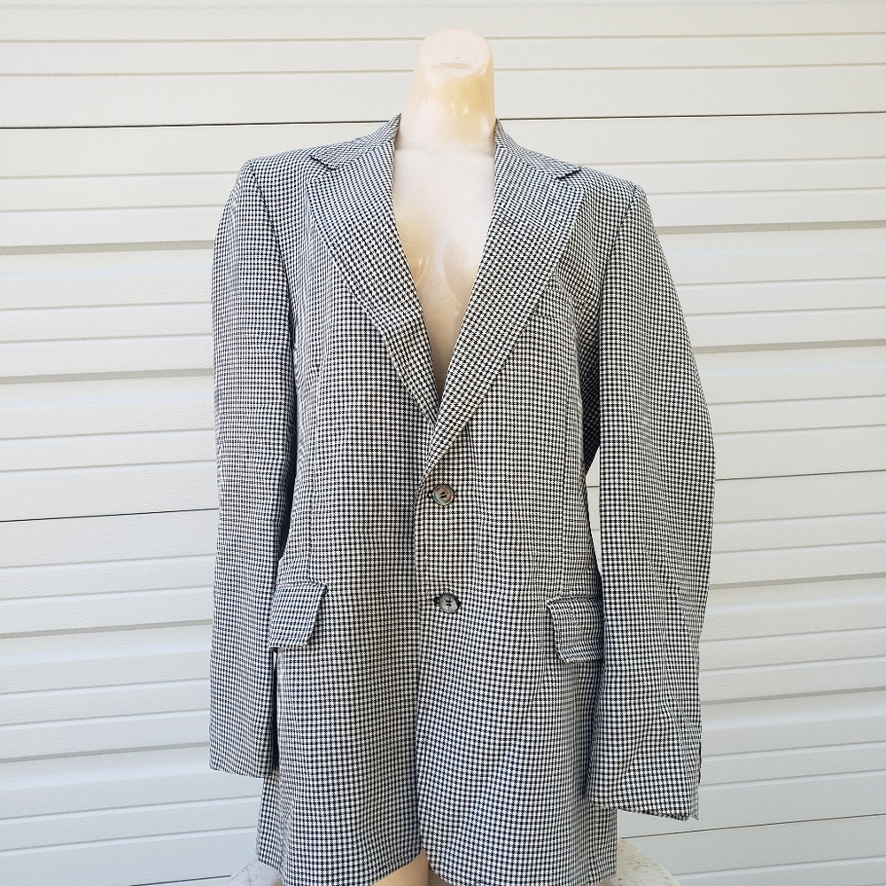 Vintage 60s 70s black white Hounds tooth‎ polyester Blazer Sport Coat Jacket 46R